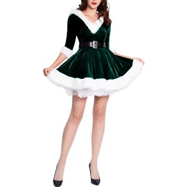 Santa Costume for Women V Neck Hooded Christmas Dress Fluffy Xmas Outfits Mrs. Santa Claus Cosplay Party Dress with Belt and Fishnet Socks Green 4-6