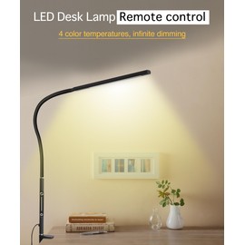 CHENGMAY Clip on Desk Lamp, Remote Control Desk Light with Stepless Dimming Adjustable Flexible Gooseneck,Eye-Caring Clip on Table Lamp with 4 Color Modes, Workbench Drafting Reading Study bedrooms