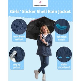 URBAN REPUBLIC Girls' Rain Jacket - Lightweight Waterproof Slicker Shell Hooded Raincoat for Travel, Hiking, and Golf (7-16), Size 10-12, Dark Navy Blue