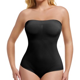 ONEW Women's Strapless Bandeau Shapewear Body Cami Bodysuit Top with Removable Straps Tummy Control Bodice Body Waist Trainer Body Shaper, black