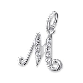 Bungsa® letter pendant in silver with crystal, small letter charms for bracelet, necklace or earrings, for women, children and men., Silver, m