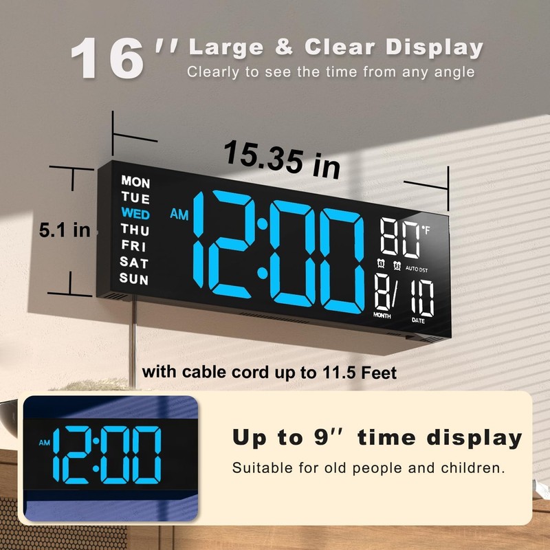 JALL 16" Large Digital Wall Mount Clock, Count Down Timer,