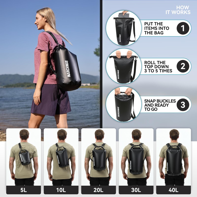 MARCHWAY Floating Waterproof Dry Bag Backpack 5L/10L/20L/30L/40L, Roll Top Sack