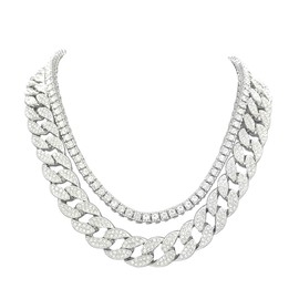 Charles Raymond Iced Out Hip Hop Gold or Silver Tone CZ Miami Cuban Link Chain Choker Necklaces Set, 16"+18", Zinc, Rhinestone
