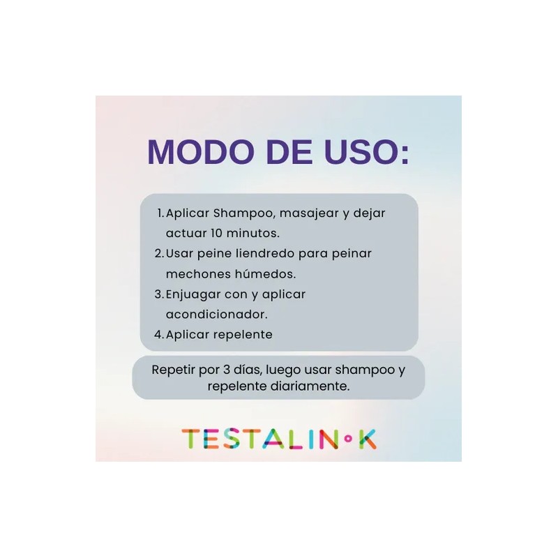 Kit Elimina Piojos, Shampoo, Lendrera, Repelente, Testalin-k