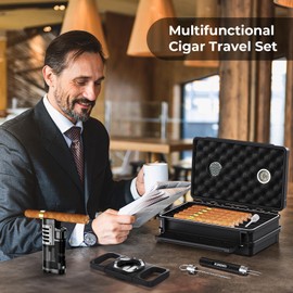 Travel Cigar Humidor Box -Double Layer, with Torch Cigar Lighter, Cigar Cutter, Punch & Holder, Cigar Draw Enhancer, Humidifier & Hygrometer, Cigar Accessories Kit for Gifts, Portable Cigar Case Set