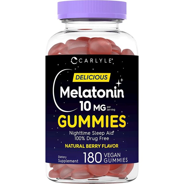 Melatonin Gummies 10mg | 180 Count | Adult Nighttime Sleep Aid | Natural Berry Flavor | Vegan, Non-GMO, Gluten Free | by Carlyle