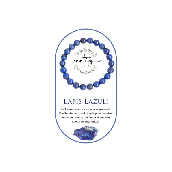 VERTIGE LAPIS-LAZULI Lithotherapy Bracelet, 8mm Mineral Stones, Source of Psychic
