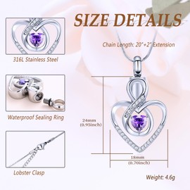 Minicremation Urn Necklace Heart Pendant Birthstone Necklace for Mother Infinity Love Heart Pendant Necklace Anniversary Birthday Gifts for Women, Stainless steel zirconia stone, Zircon Diamond Amber