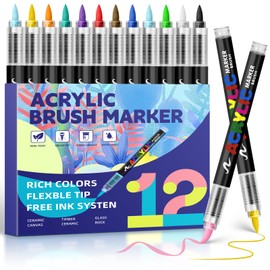 GOTIDEAL Acrylic Paint Markers Brush Tip,Waterproof Paint Pens acrylic Markers,No Bleed Acrylic Brush markers for Fabric,Wood,Rocks,Canvas Painting,Glass,Ceramic,Art Craft Supplies(12 Colors)