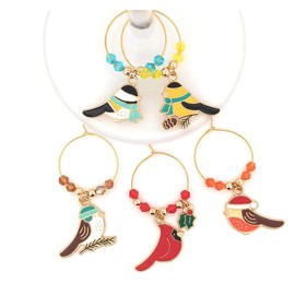 Christmas Wine Charms, Snow Bird Wine Charms, Christmas Glass Tag Identifiers, Christmas Wine Glass Markers, Christmas Party Supply Favors and Gifts - Enamel Bird Wine Charms - 5 wine charm set