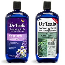 Dr. Teal's - Juego de regalo de variedad de baño espumoso (paquete de 2, 34 onzas cada una) – Aceite de semilla de cáñamo con mezcla de aceites esenciales, melatonina para dormir nocturno, aceites