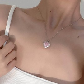 Yienate Pink Crystal Heart Necklace Choker Gold/Silver Love Heart Pendant Necklace Vintage Pink Rhinestone Heart Of The Ocean Necklace Forever Love Heart Necklace Jewellery For Women, Zinc, No
