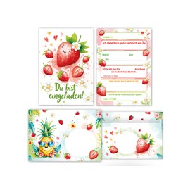 Junaversum 12 Invitation Cards for Children's Birthday Girls Children Strawberries Cool Colourful Invitations Birthday Invitations Kids Includes 12 Envelopes, 12 Bags, 12 Stickers