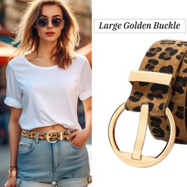 macoking Fashion Leopard Belts for Women Jeans Dresses Leather Belt with Gold Buckle 47"