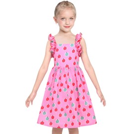 Sunny Fashion Girls Dress Pink Apple Fruit Printed Back to School Sundress Sleeveless Size 7
