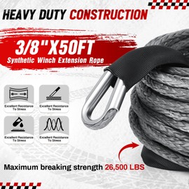 Yoojahow Gray Synthetic Winch Rope 3/8'' x 50ft 26, 500 Lbs Synthetic Winch Line Cable Rope with Protective Sleeve for Off Road Vehicle 4WD SUV Truck ATV UTV SUV