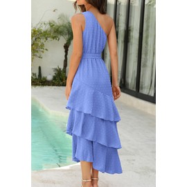 PRETTYGARDEN Women's Summer Floral Sundress Casual One Shoulder Tiered Ruffle Flowy Midi Beach Boho Dresses (Swiss Dot Blue,Small)