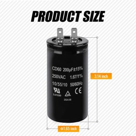 ZOWZEA 200uF MFD ±15% CD60 Motor Start Capacitor 250VAC 50/60Hz for Electric Motor Starting 2 Pack