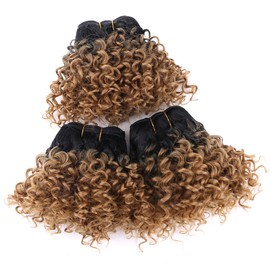 Short Afro Kinky Curly Bundles 8 Inches 3 Bundles Synthetic Hair Weave Extensions for Black Women Ombre Golden Curly Bundles(8 8 8 Inch T1/27#)