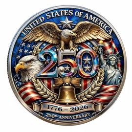 2026 US America 250th Anniversary Challenge Coin 1776-2026 American Eagle Liberty Bell Commemorative Medallion Veterans Military Gift Patriotic Semi-Precious Metal Collectible with Enamel Color