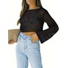Womens Crochet Crop Top Long Sleeve See Through Hollow Out