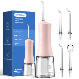 Operan Water Flosser for Teeth Cleaning Upgraded 300ml Cordless Water Dental Flossers Rechargeable Oral Irrigator with 4 Modes 4 Jet Tips IPX7 Waterproof Water Floss for Home Travel (Pink)+1Pack