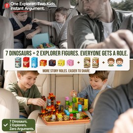 hunloot Dinosaur Magnetic Blocks Travel Toy: 1.48lb 100PCS Volcano Tin Set, 7 Dinos 2 Explorers 60-Min Multi-Kid Story, N32 Quiet Road Trip Car Airplane Activities Toys for Kids Boys Girls Ages 3-8