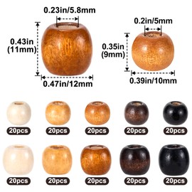 Pndeyo 200pcs Large Hole Wooden Beads for Crafts, Vintage Round Natural Wood Hair Bead, 5 Colors Loose Spacer Beads for DIY Macrame Rosary Necklace Bracelet Hair DIY Handmade Decor- 10x13mm & 9X10mm