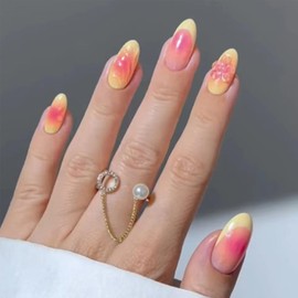 Yellow French Tips Press on Nails Short Almond Fake Nails with 3D Flower Designs Pink Gradient Tip Gold Foil Stick on Nails Full Cover Glossy Nude Acrylic False Nails Glue on Nails for Women 24Pcs