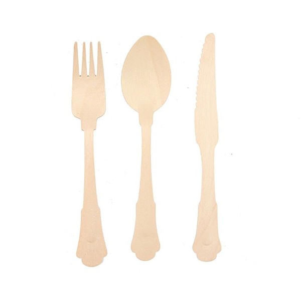 24 Disposable Natural Birchwood Cutlery Set Baroque Design Spoons Forks