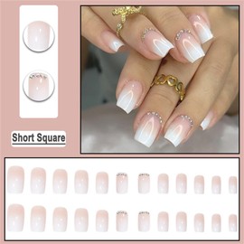 BAOYAALIN Ombre Nude Pink White Press on Nails Short Square Fake Glue on Nails with Rhinestones Design for Women Girls Full Cover Artificial Acrylic False Stick on Nail for Daily Wear Wedding 24Pcs
