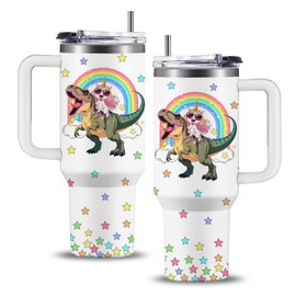 WWHSAI Girl Riding Dinosaur T-Rex Rainbow Tumbler 40oz, Space Galaxy Girl Riding Dinosaur Birthday Cute Coffee Cup for Girls Women