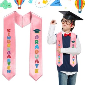 ABTOLS 2025 Kindergarten Graduate Sash Graduation Double Sided Graduation Hat Printed Satin Stole Sash Pink Unisex Preschool Graduation Colorful Cartoon Word Satin Stole for Graduation Favors