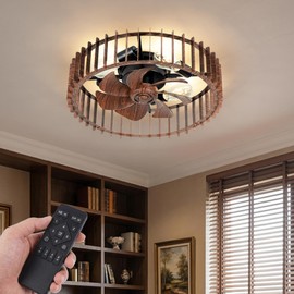 Yituplyee Flush Mount Ceiling Fans with Lights and Remote,Wood Caged Low Profile Fandelier,6 Wind Speeds Bladeless,20'' Farmhouse Ceiling Fans for Bedroom Kitchen