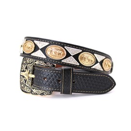 West Star Texas Mens Women Western Cowboy Thick Leather Belt Longhorn Horse Rooster Cowboy Prayer Sheriff Star Emblem 111C Prayer BK Weave M