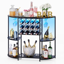 JKsmart Wine Bar Cabinet with LED Lights, Mini Wine Bar Cart with Storage and Glass Holder, Home Bar Coffee Bar for Liquor, 3-Tier Bar Table for Kitchen, Dining Room, Living Room, Black