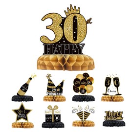 9pcs 30th Birthday Decorations 30th Birthday Decorations for Men Women Black and Gold Honeycomb Centerpieces Birthday Table Decorations for 30th Birthday Party ﻿ ﻿ (30)