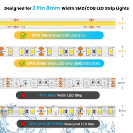 RESHAKE 15 Pack LED Strip Connectors 2 Pin 8mm Solderless, Transparent Led Light Connectors Gapless, Strip to Wire LED Connectors for 12V 24V Single Color COB/SMD LED Light Strips