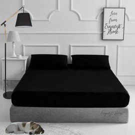 Fitted Bed Sheet With Matching FREE 2 X PILLOW CASE Plain Dyed Poly Cotton Percale Easy Care Bed Sheet Black Double