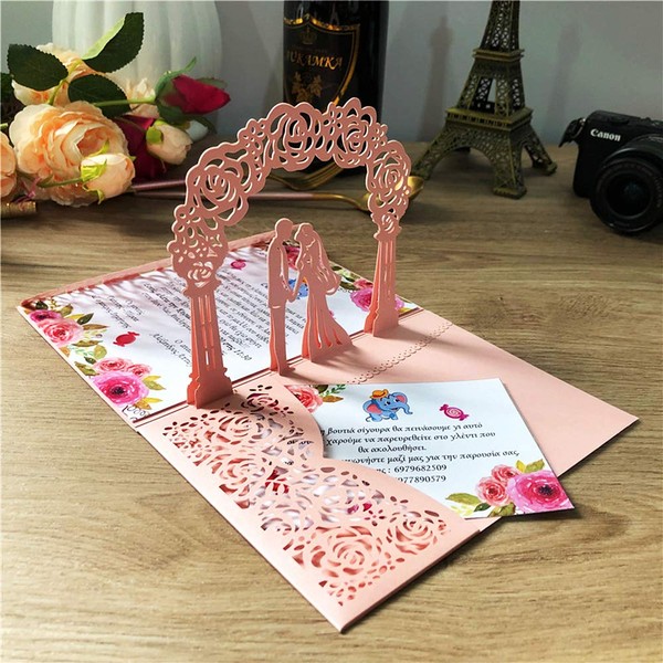KUCHYNEE 20PCS Pink Laser Cut Floral Wedding Invitation Cards with Bride and Groom 3D Pop-up Invitation for Wedding Engagement Invites