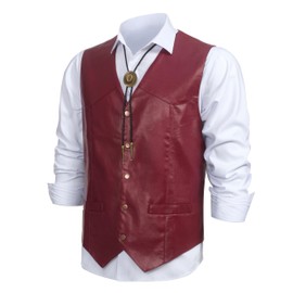 Giftdigger Men's Western Cowboy Vest,Vintage Cowboy Suit Vest with Bolo Tie, Slim Wedding Vests,Leather Light Casual Vests,Burgundy Vintage Western Denim Casual Waistcoat, XL