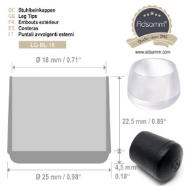Adsamm® 16 x Chair Leg Caps, Black, Diameter 17-18 mm, Round, Protective Caps for Chair Legs, Tube Caps for Round Chair Feet