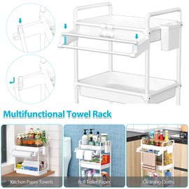 SPACEKEEPER Rolling Storage Cart, 3 Tier Utility Cart Laundry Room Organization Mobile Shelving Unit Bathroom Organizer with Towel Rack, Lockable Wheel, Hooks & Cup for Kitchen Office, White