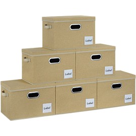 LHZK Large Storage Bins with Lids 6 Pack, Foldable Linen Fabric Storage Boxes with Lids, Sturdy Fabric Storage Bins with Label & 3 Handles for Shelves Bedroom Home Office (Beige, Large)