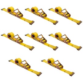 Mytee Products 8 Pack 2'' x 12' E-Track Ratchet Tie-Down Straps with Manual Rocker Winder - 4,500 lbs BS - Heavy Duty Yellow Cargo Strap for Trucks, Trailers, Flatbeds & Pickups