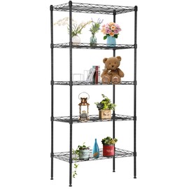 FDW 5 Tier 22L x 12W x 48H Pantry Shelves Adjustable Storage Rack Metal Shelf NSF Shelving Units for Kitchen Garage Small Places Commercial,Black