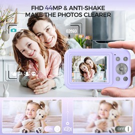 Digital Camera, Bofypoo FHD 1080P 44MP Kids Camera with 32GB Card, 16X Zoom Point and Shoot Digital Camera with Fill Light, Anti-Shake Compact Vlogging Camera for Teens Boys Girls (Purple)