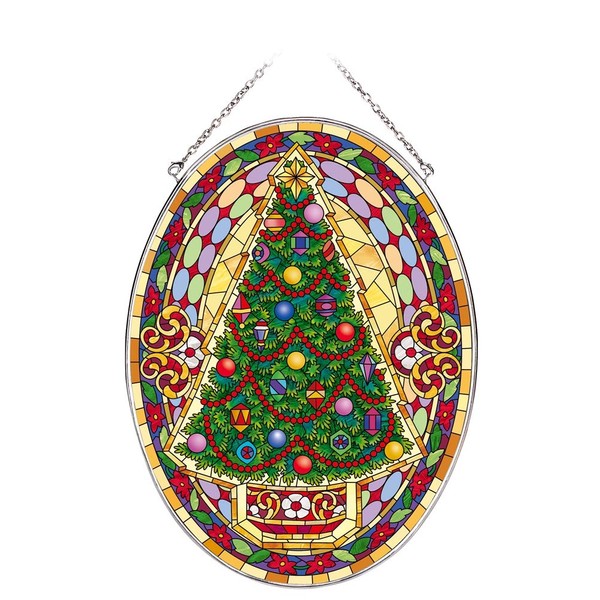 Suncatcher Stained Glass Christmas Tree Tapestry Vintage Christmas Large Oval