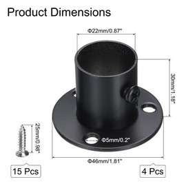 sourcing map 4Pcs Stainless Steel Closet Rod Brackets, 7/8 Inch Dia Wardrobe Holder for Pipe, Shower Curtain Rod Pole End Supports Sockets Flange with Screws, Black